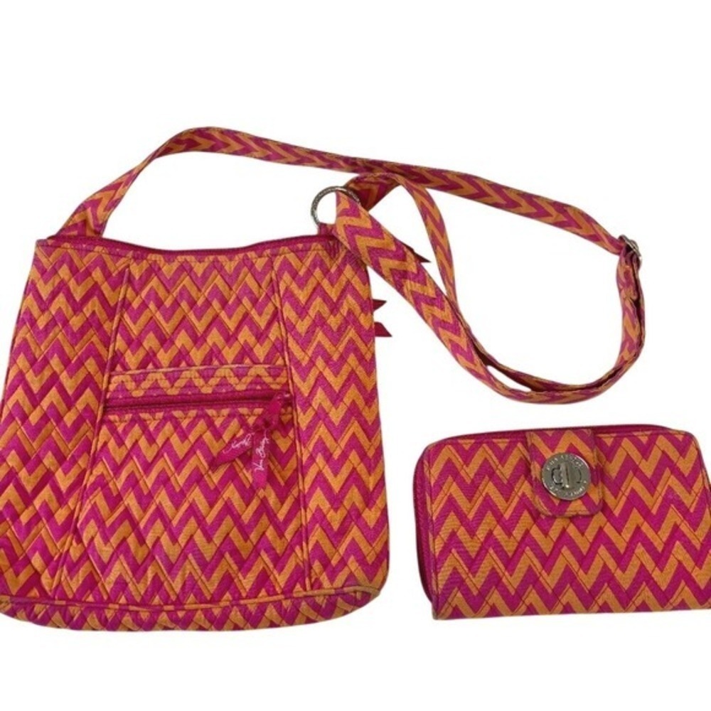 Vera Bradley Matched Set Zigzag Quilted Crossbody‎ Bag Wallet Set Pink/Orange